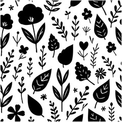 Monochrome Floral Pattern with Botanical Elements for textile and background
