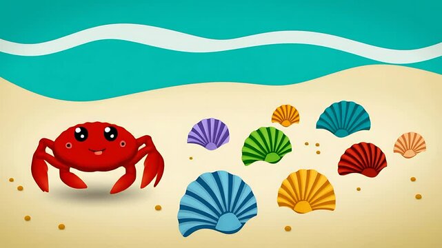 Adorable Red Crab and Colorful Seashells on Sandy Beach