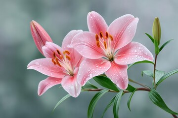 Fototapeta premium Two pink lilies blooming on a blurred background