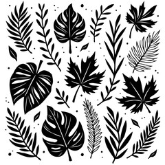 Botanical Vector Illustration: Assorted Black Leaves on White Background Design