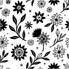 Elegant floral pattern with black and white hand-drawn flowers and leaves seamless design