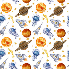 Astronaut, space rockets, spaceships, stars, Sun. Saturn. Venus, shooting star, clouds, seamless pattern. Watercolor digital illustration. Cute for the kids design, decoration of clothes, textile