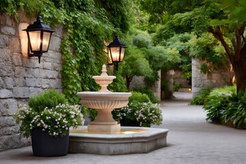 Fototapeta premium Elegant fountain illuminating a peaceful garden path