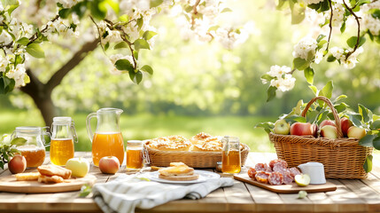 spring picnic table with apple juice, pastries and basket of fruit in blooming garden