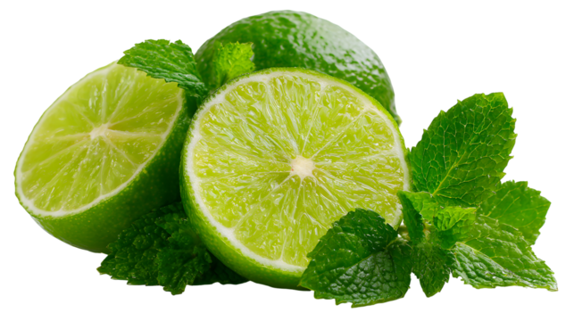 A lime is cut in half and has a sprig of mint on top. The lime is green and the mint is green as well