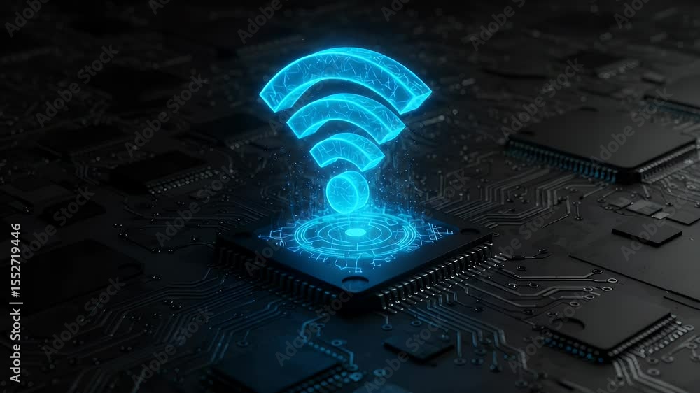 Poster abstract image of a glowing wifi symbol over a circuit board
