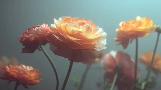 Close up view of orange ranunculus flowers with water droplets, soft lighting, and a dreamy atmosphere. Moody, atmospheric video with a focus on texture and color.