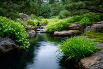 Stream flowing through lush green vegetation in a japanese garden