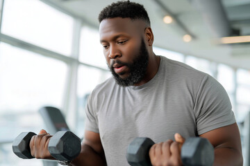 African American 40 years old plus-size man doing strength training, gym environment, natural daylight, soft background blur, realistic workout scene