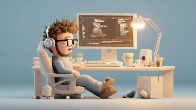 3D rendered animation of a cartoon male programmer working at his desk in a light blue room. He wears glasses and headphones, and the desk is cluttered with various items.