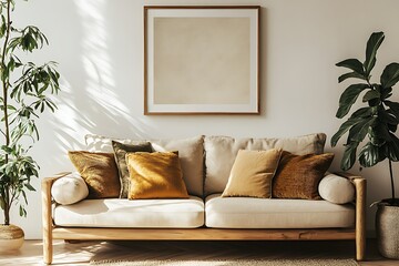 Serene Living Room Decor Featuring Beige Sofa Warm Throw Pillows and Lush Greenery Plants