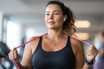 plus-size woman doing resistance band workout, gym scene, realistic, natural light,  body-positive fitness scene