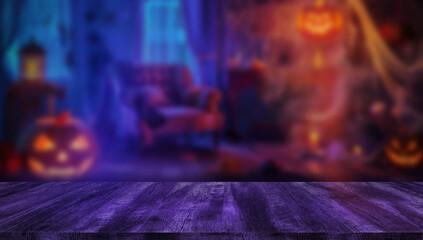 Dark tabletop with blurred Halloween decoration background. Ideal for seasonal mockups and themed design.