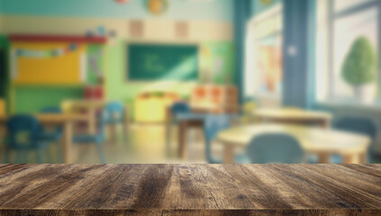 Wooden tabletop with blurred background of colorful primary classroom. Ideal for educational design or school mockups.
