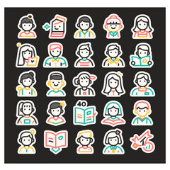 Fototapeta premium Student icon set vector showing cute cartoon faces and school symbols, suitable for books, stickers, presentations, games, or creative assets.