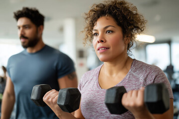 plus-size man and woman training with dumbbells, realistic gym scene, inclusive fitness scene