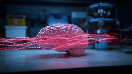 Realistic human brain with soft pink hue, glowing red neural connections, high-tech data streams, dimly lit laboratory, blurred scientific equipment, advanced technology, neural interfaces, 