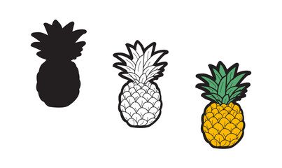 Obraz premium Pineapple Vector Set Color, Outline, and Silhouette Tropical Fruit Illustration