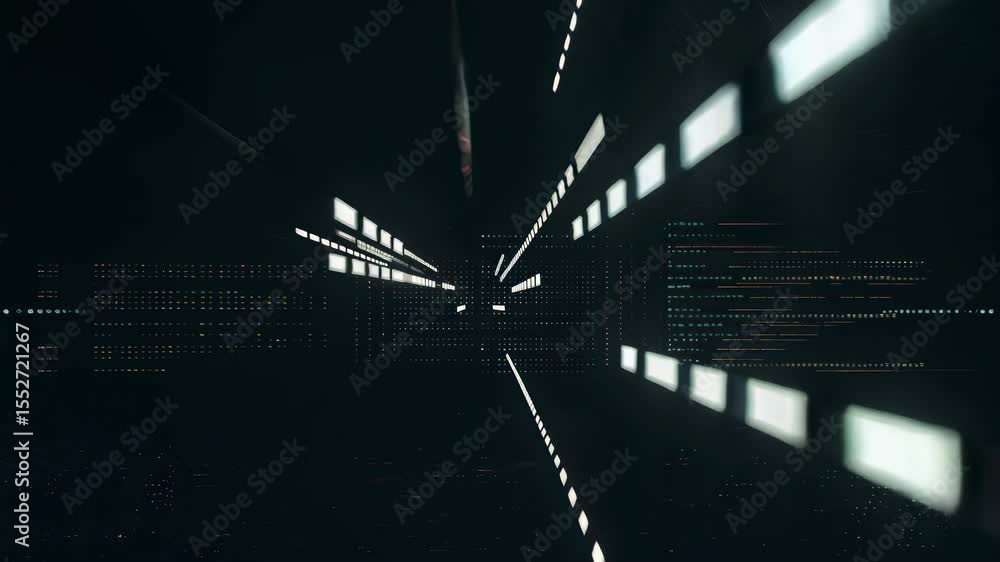 Aufkleber explore a futuristic digital corridor with vibrant light patterns and an abstract matrix design.