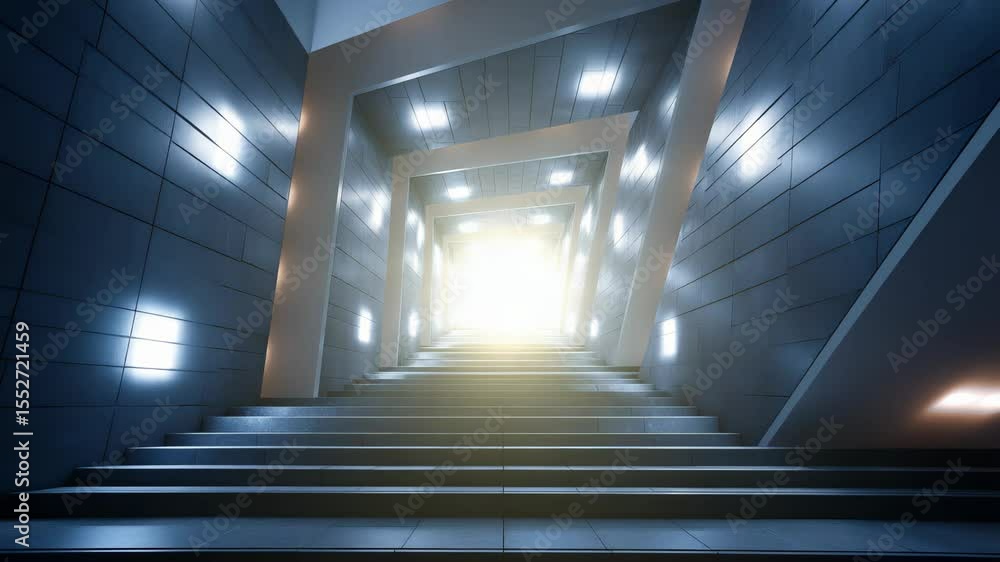 Poster bright light emanating from a modern architectural stairway with metallic walls and inviting atmosph