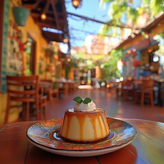 Delicious caramel flan dessert in a vibrant outdoor cafe setting in mexico
