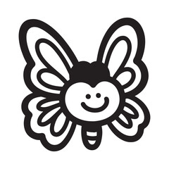 A black and white illustration of a smiling butterfly.