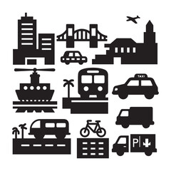 A bundle of simple city icon silhouettes with a white background.