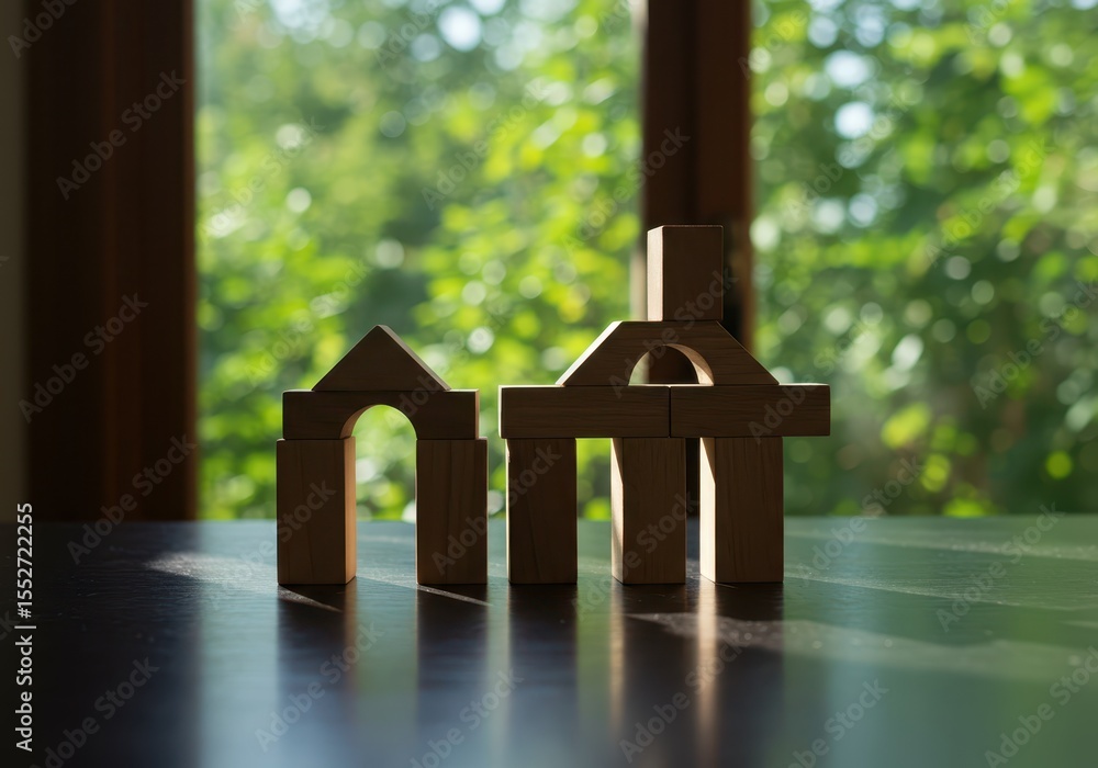 Poster wooden building blocks arranged on table in front of window with natural light