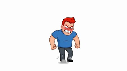 Animated angry man. Male in fury showing aggressive emotions. Full body 2D flat cartoon character on white background with alpha channel. Colorful HD animation.