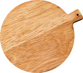 A round wooden cutting board with a handle, suitable for food preparation and serving.