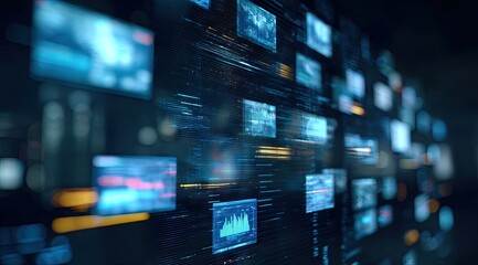 Abstract digital data stream visualization; numerous glowing blue screens displaying graphs, charts, and code fragments flow vertically against a dark background