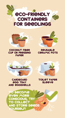 An illustration on an environmental theme. Eco-friendly containers for sowing seeds.