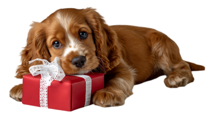 Adorable cocker spaniel puppy with a red gift box and white ribbon isolated on transparent background