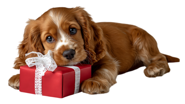 Adorable cocker spaniel puppy with a red gift box and white ribbon isolated on transparent background