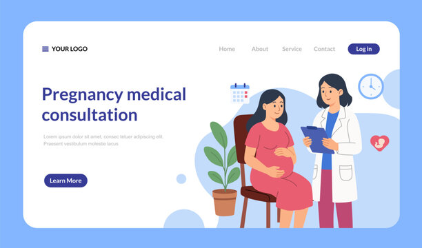 Consultation and check up during pregnancy. Pregnant woman visit gynecologist in the medical office. Female doctor talks with mother expecting a baby. Vector flat illustration