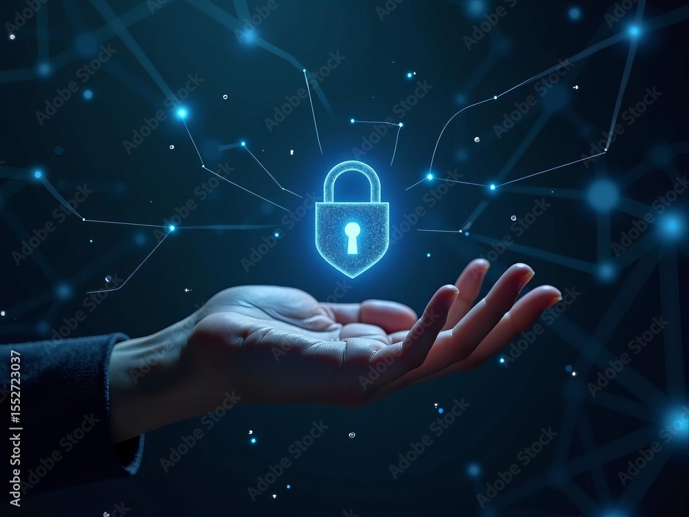 Poster cybersecurity and data protection concept with digital padlock symbol above open hand against networ