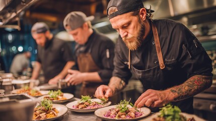 Chefs preparing dishes in a busy restaurant kitchen, culinary teamwork and food service excellence