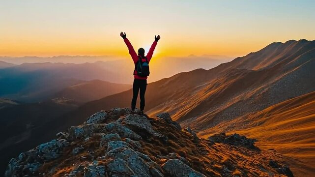 A hiker celebrates at a mountain peak during a vibrant sunset.