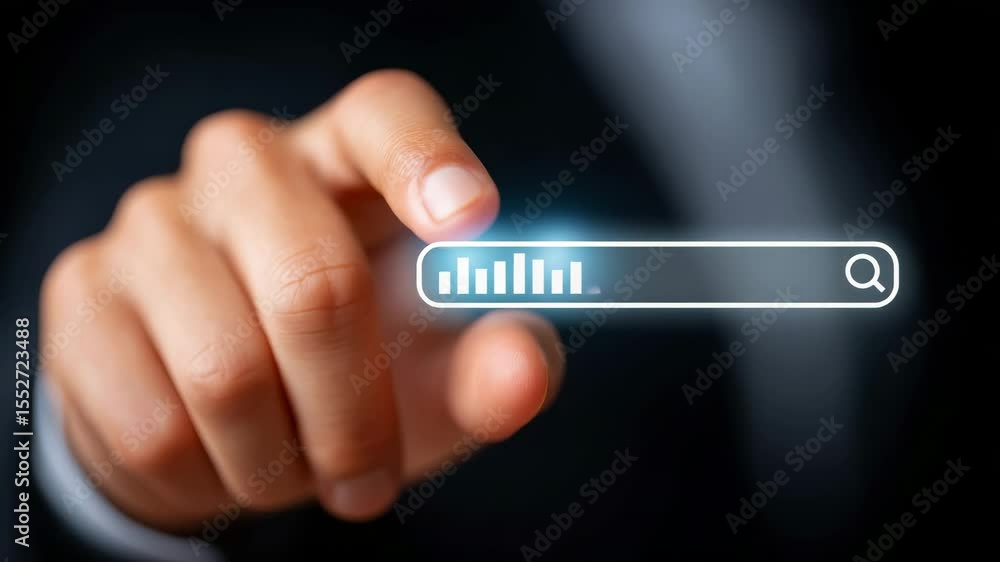 Poster close-up of a human finger engaging with a digital search icon and data visualization on a dark back