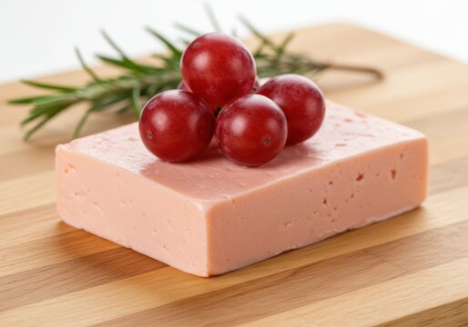 A block of pink cheese topped with red grapes and rosemary on a wooden board - Powered by Adobe