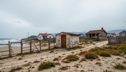 ghost town on coast abandoned due to erosion, partially submerged houses, broken fences, sea overtaking human settlement, silence and decay.