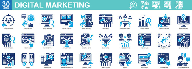 "Digital Marketing" Collection of 30 icons related to Target Audience,Email Campaign,SEO Optimization,Content Strategy,Social Media Ads. Vector illustration, Simple Glyph Color Style