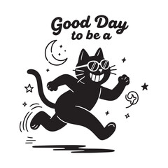 A T-shirt, black ink vector cartoon design showcases a jubilant cat character dashing across a crisp white background.