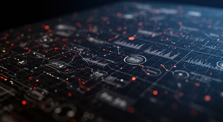 Abstract futuristic interface with glowing elements and complex data visualization.