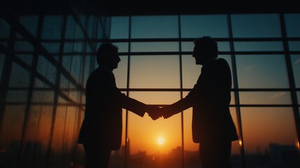 Colleagues shaking hands in a glass office, trust and partnership in business teamwork