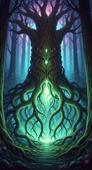 Enchanted mystical forest tree roots glowing light fantasy art fairytale nature magical woods illustration