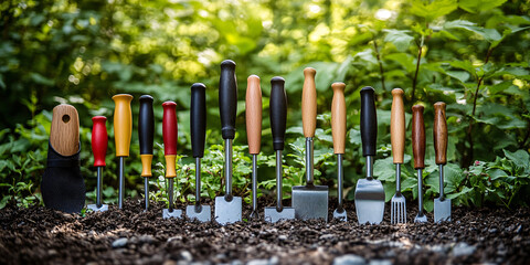 A charming collection of small gardening tools with wooden and colored handles.