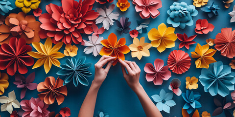 Person creating vibrant paper flowers. A colorful and creative craft project.