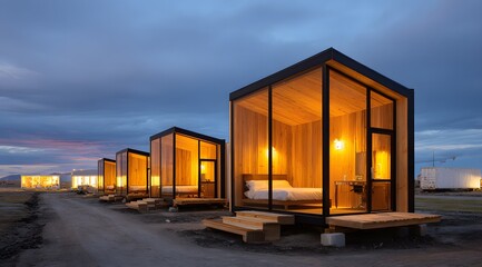 Modern, minimalist tiny homes illuminated at twilight.