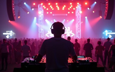 Enthralling DJ performing at a vibrant electronic dance music festival stage. High quality